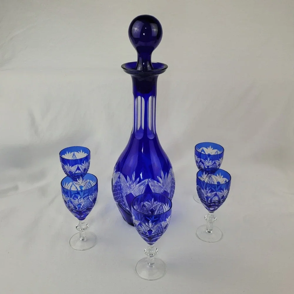 Vintage Bohemian Cobalt Blue Cut to Clear Crystal Decanter 5 Cordial Glasses Set